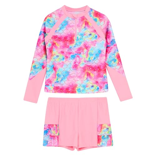 Moily Girls Floral Print Rash Guard Set Long Sleeve Swim Top with Board Shorts Sun Protective Swimsuit for Kids