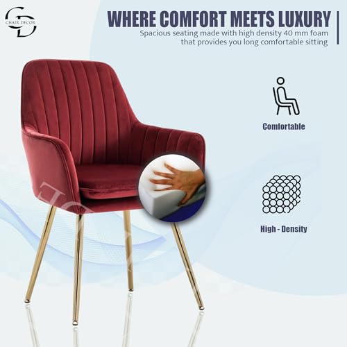 Image of Velvet Accent Chair with Matching Pouffe & Floral Cushion | Modern Upholstered Armchair with Gold Metal Legs | Lounge Chair for Living Room, Bedroom, Office, Guest Room (Red)
