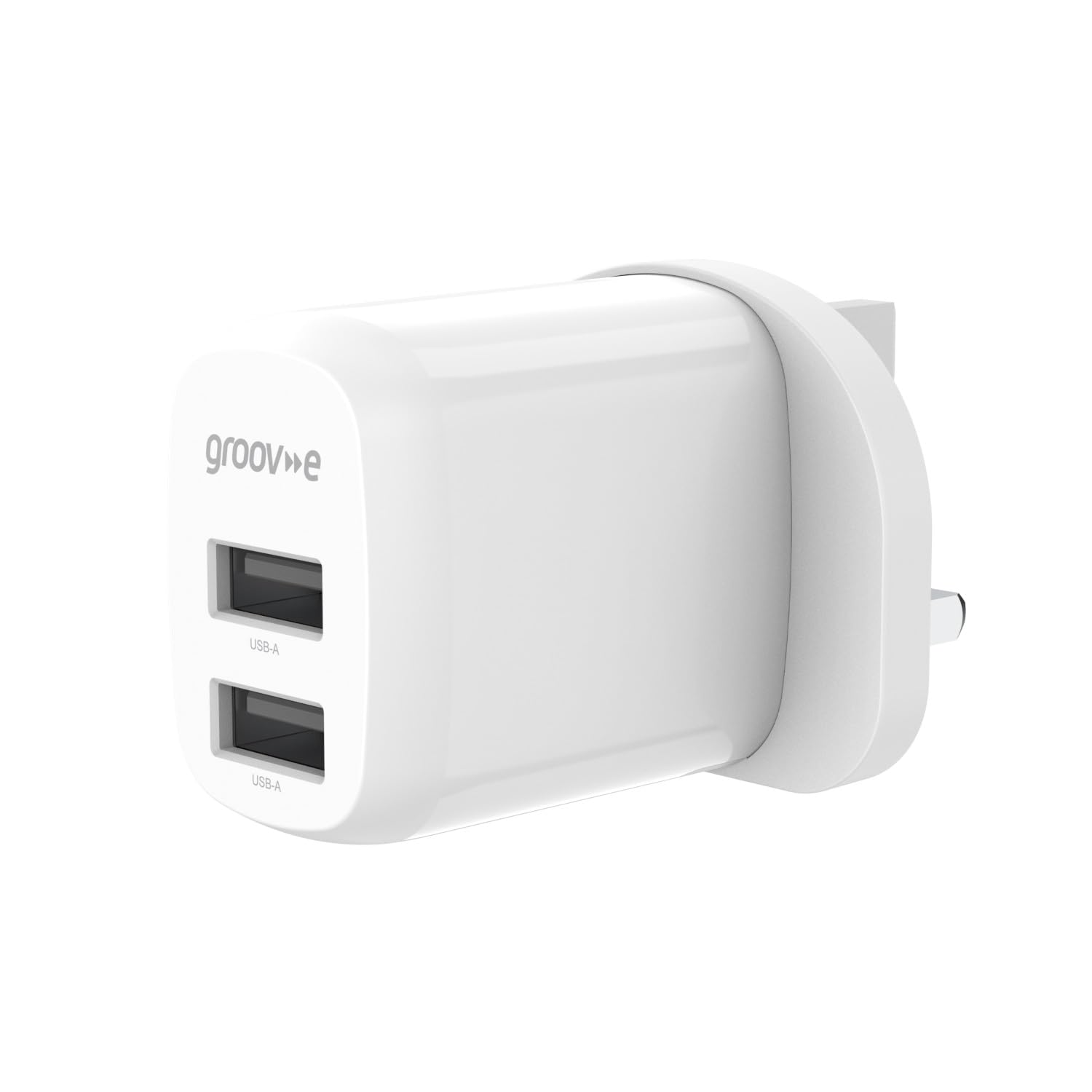Groov-e Dual USB-A Wall Charger 12W - 2-Port UK Plug Mains Adaptor for Simultaneous Device Charging, Smartphones, Tablets, and USB Accessories - White