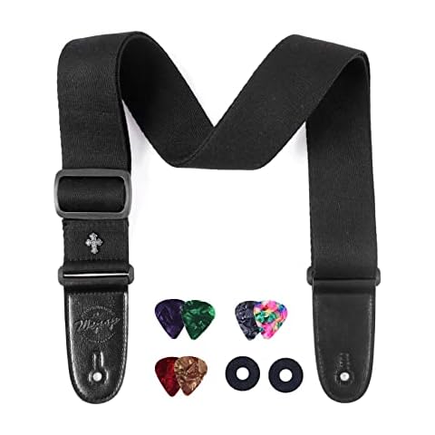Guitar Strap Black Adjustable Cotton Woven with PU Leather Ends, Bass Electric Guitar Acoustic Guitar Accessories (Black) Cover