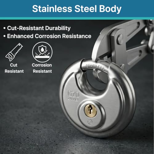 Image of G70 keyed Alike Padlocks, Heavy Duty Stainless Steel Discus Lock - 70mm Stainless Steel Body and Shackle, 10 Keys, Garage, Warehouses, Outdoors, 2-Pack