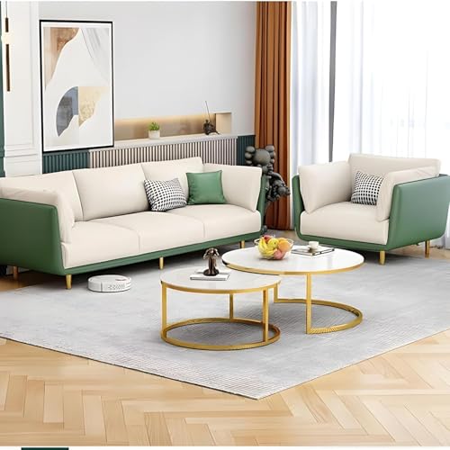Image of Modern & Luxury Velvet Comfortable Sofa with Cushion Chaise Lounge Sectional Sofa Ideal for Living Room and Bedroom, Visitors' Home and Office. (3+1+1 Green Leather+Velvet Beige)
