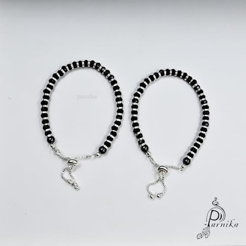Image of Parnika (Formerly MJ 925 Traditional Silver & Black Crystals Baby Nazariya Kids Silver Bracelet in Pure 92.5 Sterling Silver for Kids - One pair