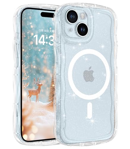 VENINGO iPhone 15 ケース Magsafe対応 かわいいウェーブの形状 透明 ストラップホール付きマグネット搭載 ワイヤレス充電対応 耐衝撃 可愛 韓国 おしゃれ 黄変防止 全面保護 スマホケース アイフォン 15 カバー 6.1インチ キラキラ クリア