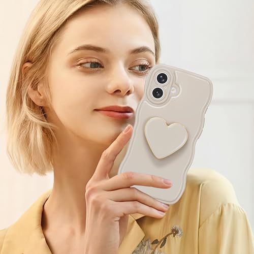 Aurorastar for iPhone 16 6.1" Case for Women, Wave Frame Curly Shape with Love-Heart Kickstand Raised Camera Protection Cover Soft TPU Shockproof Cute Phone Case, White — view 6