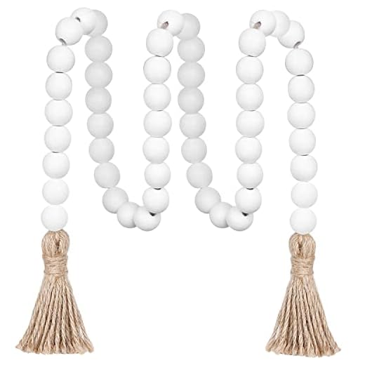 Meplait Wood Bead Garland with Tassels, Boho Beads Rustic Country Decor Coffee Table Decor Farmhouse Bead Garland Wall Hanging Home Decoration (39in, White)