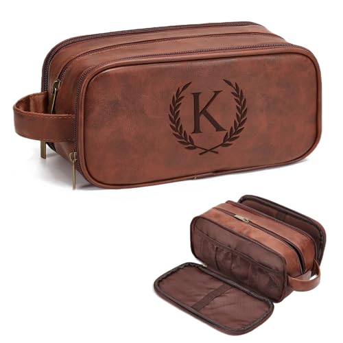 Janhavi Gifts for Father's Day, Waterproof Laser Engraved Initials & Wheat, Make Up Bag for Traveling, Men's Accessories Organizer, Groomsmen Gifts for Him, Travel Essentials(Medium, Red Brown, K)