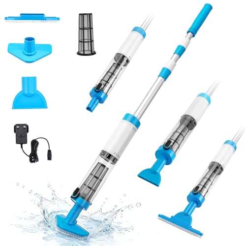 TLPEMN Aspirador Piscina, Limpiafondos Piscina Recargable, Aspirador Manual con Pértiga Telescópica 103,5–162,5 cm, Fuerte Succión y 3 Cabezales para Piscinas Enterradas y Sobre Tierra, Jacuzzis, Spas