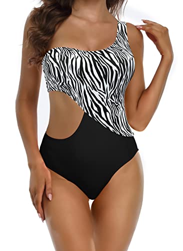 SHEKINI Traje de baño Una Pieza para Mujer Un Hombro Asimétrico Bandeua Bañador Lado Cut out Ropa de Playa(S,Negro)