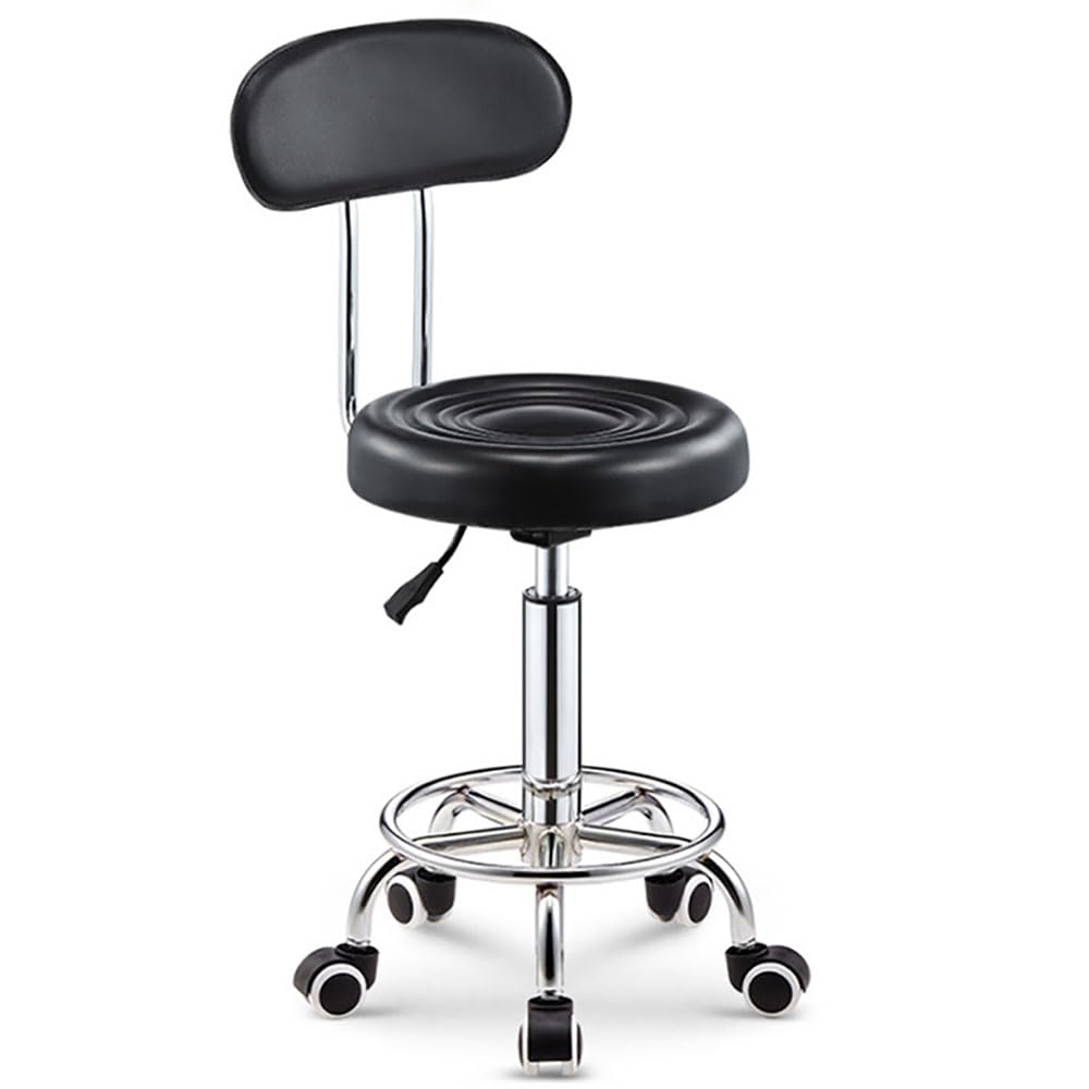 PU Leather Round Rolling Stool Height Adjustable Bar Stool Swivel Task Chair with Backrest and Footrest for Home, Office, Pub, Kitchen, Shop, Work, Salon, Facial and Massage (Black)