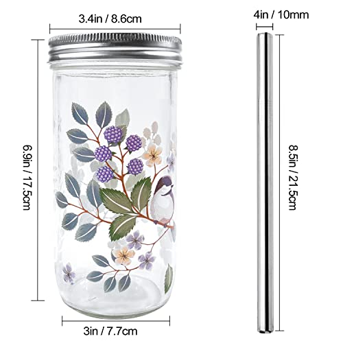 [2 Pack] 24 Oz Mason Jars Glass Cups, Iced Coffee Cups, Boba Cups With 2 Lids And Straws, Reusable Wide Mouth Smoothie Cups,Travel Glass Drinking Jars,Bird & Lovely Flowers #TOP4