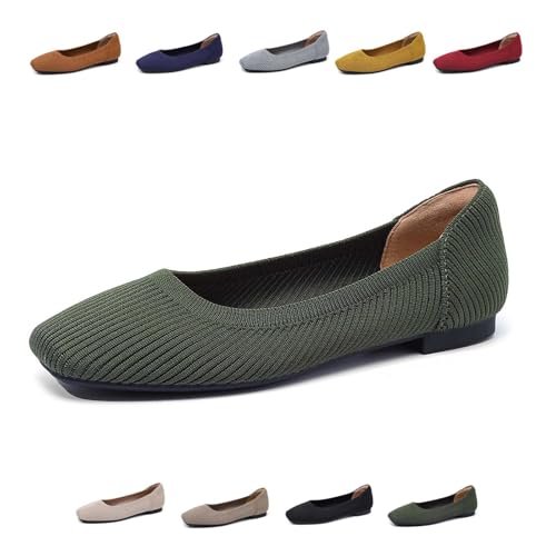 Knit Flats for Women Square Toe Ballet Flats Comfortable Dressy Casual Fall Shoes for Work Office Daily Wear