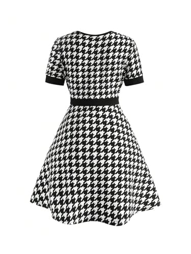 SOLY HUX Girl's Plaid Dress Short Sleeve Crew Neck Houndstooth Button A Line Short Dresses3