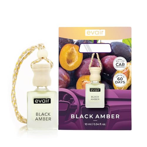Image of Evair Black Amber Car Air Freshener | Hanging Car Perfume | Premium Car Fresheners | Car Aroma with Essential Oils| Hanging Perfume for Car in Glass Bottle with Wooden Diffuser Lid (10ml, Pack of 1)