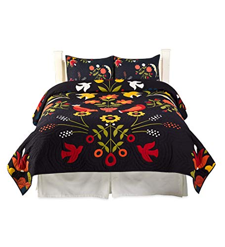 Plow & Hearth Ansley Folk Art Cotton Quilt Set, Hand-Guided Quilting, Floral Motif, Black Background with Green/Yellow/Orange/Red/White Design, Machine Washable, Quilt and Sham, King Size