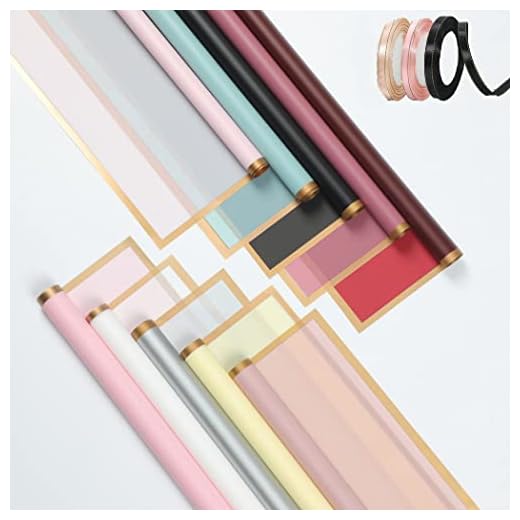 100pcs Flower Wrapping Paper, Waterproof Florist Bouquet Wrapping Sheets with Gold Border in 10 Colors, 3 Rolls of 24 Yards Double Face Satin Ribbon for Floral Gift Packaging Craft Supply, 23 x 23 in