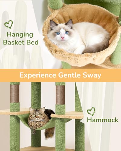 Image of Globlazer Cactus Heavy Duty Cat Tree Tower 80in Tall Extra Large Cat Tree Tower for Multiple Indoor Cats Large Adult with Scratching Posts, 2 Spacious Condos, Padded Perches, Soft Hammock, S80B, Green