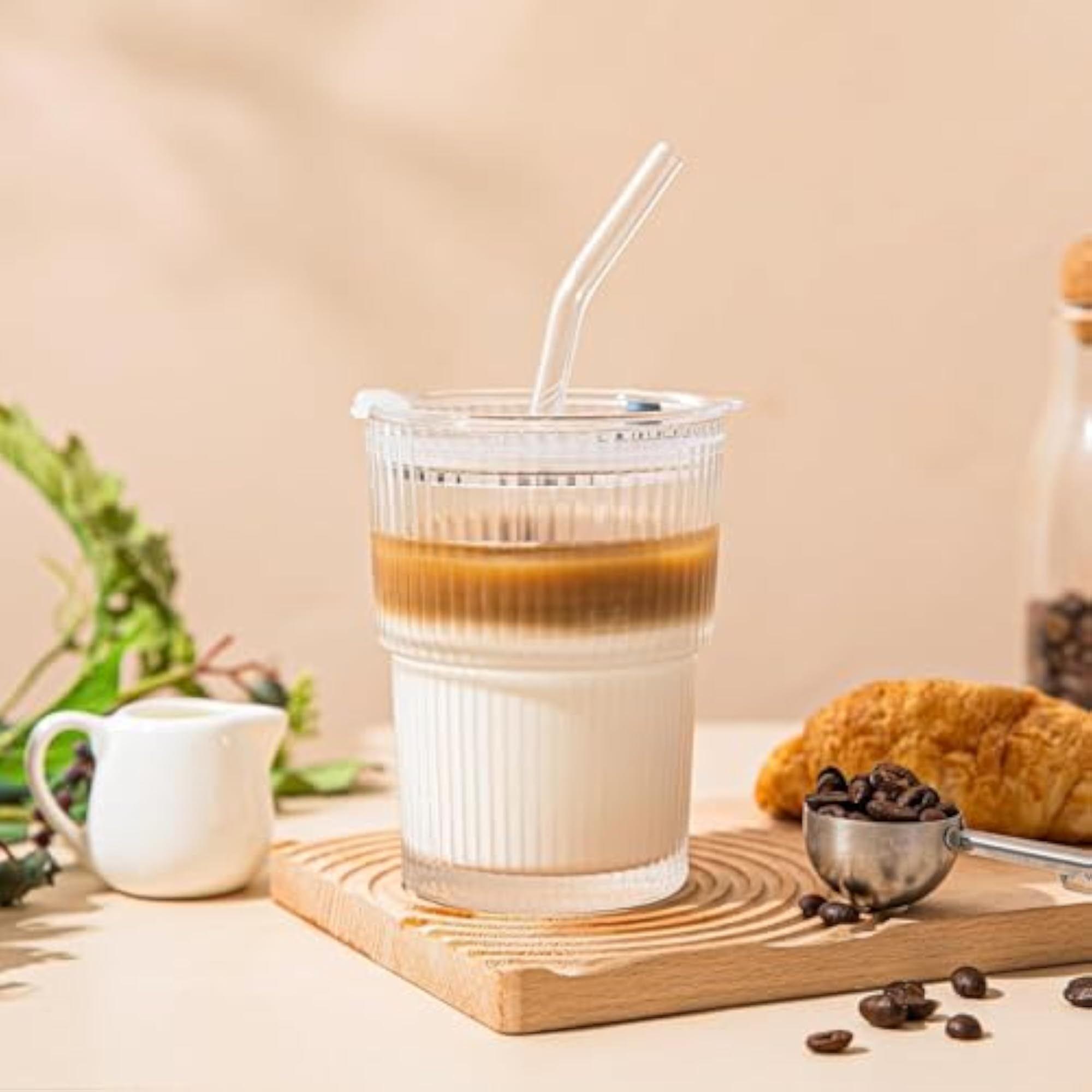 Glass Water Tumbler with Lid and Straw, 400ml