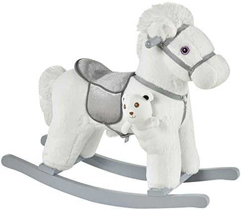 Qaba Kids Plush Ride-On Rocking Horse with Bear Toy, Children Chair with Soft Plush Toy & Fun Realistic Sounds, White
