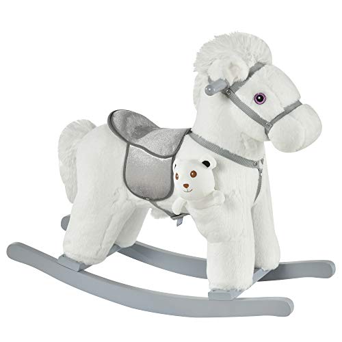 Qaba Kids Plush Ride-On Rocking Horse with Bear Toy, Children Chair with Soft Plush Toy & Fun Realistic Sounds, White