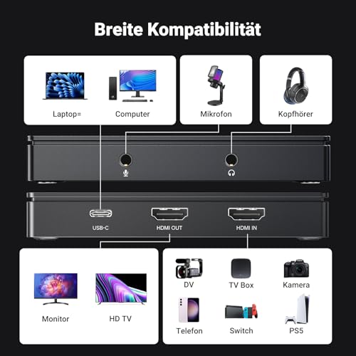 UGREEN 4K Video Capture Card, HDMI auf USB 3.0 Type C Video Grabber 1080P 60fps für Gaming Live Streaming Video Recorder, kompatibel mit Switch PS5 Xbox iPad DSLR MacBook Laptop PC Phone Mac mini 4
