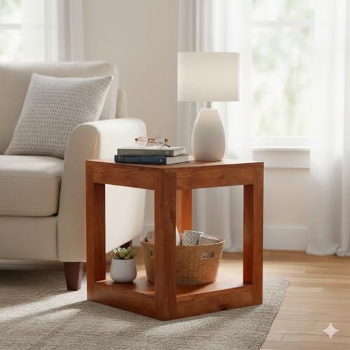 Image of Sheesham Wood Lamp Table for Bedroom | Modern Bedside Table with Storage | Elegant Nightstand for Living Room & Bedroom Decor (Honey Finish)