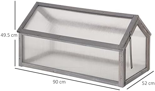 Outsunny Wooden Cold Frame Greenhouse Garden Polycarbonate Grow House with Openable Top for Flowers, Vegetables, Plants, 90 x 52 x 50cm, Grey