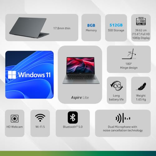 Image of Acer Aspire Lite Metal,AMD Ryzen 3 7330U, 8 GB DDR4 RAM /512 GB SSD, 15.6 inch FHD IPS Display, Win 11Home, Steel Grey, 1.65 Kg, AL15-42, Backlit Keyboard, Thin & Light Laptop