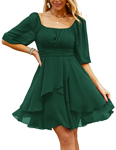Image of Beluring Womens Chiffon Dress Boho Square Neck High Waist Elegant Party Mini Short Dress Dark Green S