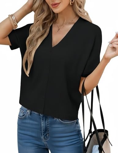 GRACE KARIN Womens Short Sleeve Oversized Cardigans Batwing Lightweight Button Up V Neck Casual Knit Sweater Tops