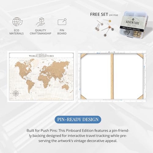 Image of IPIC - Vintage World Map Pin Board Canvas Wall Art, Travel Map with Pins Included, Ready to Hang for Home or Office, 36x24 Inch
