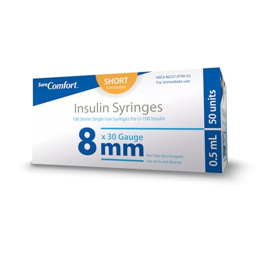 Image of SureComfort U-100 Insulin Syringes 30G x 5 /16 inch 1 /2cc (8 mm), For Diabetes Care, Box of 100