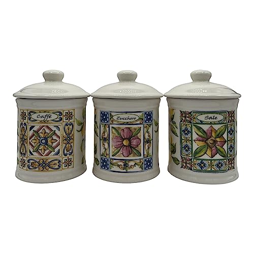 Set 3 Barattoli in Ceramica Decorazione Multicolore Sale Zucchero Caffè 12x15 cm
