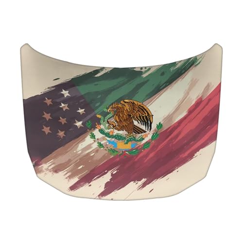 Image of Car Hood Cover Protector 59x39 Inch Stretchable Auto Hood Wrap Blankets Waterproof Automotive Exterior Accessories for Sedans SUV Trucks (USA Flag and Mexican Flag Design)