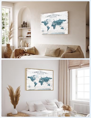 Image of IPIC - Personalized World Map Canvas Wall Art, Push Pin Map with Custom Names to Track Your Travels, Vintage Teal Framed Wall Decor for Home, Office, Living Room or RV, Ready to Hang