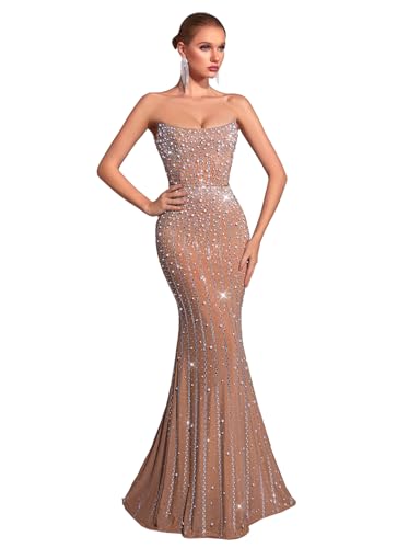 Women's Strapless Rhinestone Mermaid Floor-Length Evening Gown Luxury Formal Dress for Party Club Night Star of Galas