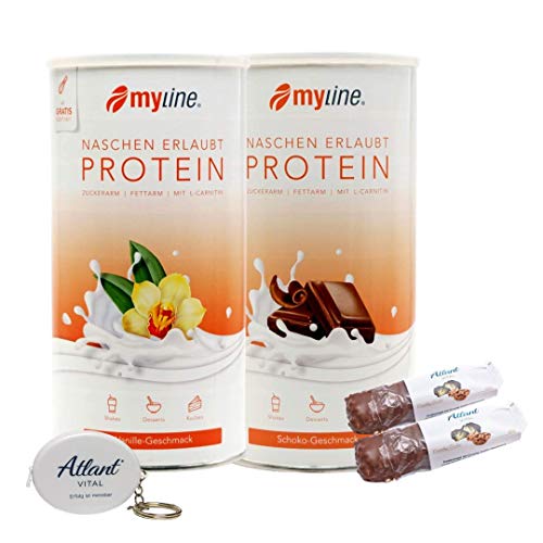 Myline Eiweiß Shake Proteinpulver 2er Pack 2x 400g + AV Maßband + 2 Proteinriegel (Schokolade-Vanille)