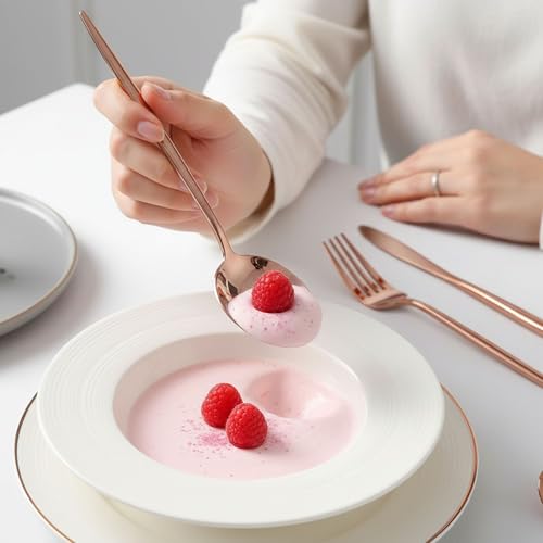 Image of Slim Handle Rose Gold 15 Pcs Stainless Steel Cutlery Set for Dining Table, Dishwasher Safe Glossy Flatware (3 Spoon Set+3 Forks Set+3 Butter Knife+3 Dessert Spoon+ 3 Fruit Fork)