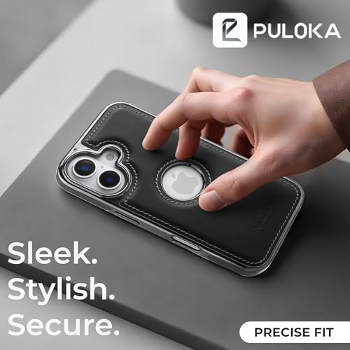 Image of PULOKA Chrome Leather Back Case - Compatible with iPhone 16 - Luxury Bumper Case - Flexible Vegan Leather - Electroplated Sides & Logocut - Full Camera Protetection & Raised Edges - Black