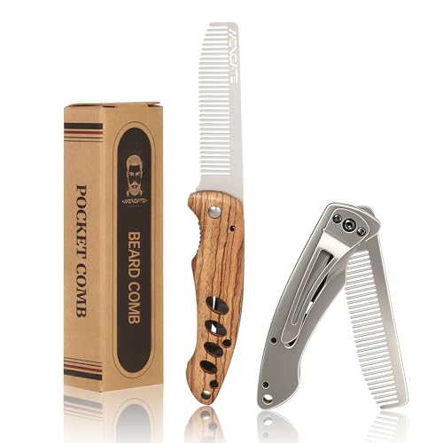 1PC Small Folding Pocket Beard & Mustache & Hair Styling Comb for Men - Metal Tactical Grooming Tool with Wooden Handle with 180 Rotatable for Outdoor Travel & Home Use - Length 6.57inch