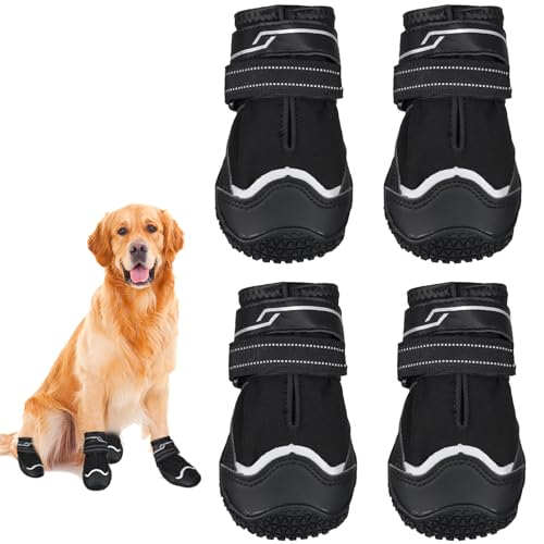 Avvrel Zapatos para Perros, 4 Piezas Botas Perros Protectoras Heridas, Patucos Perro Impermeable con Correas Reflectantes Ajustables y Suela Antideslizante para Perros Pequeños Medianos y Grandes (4#)