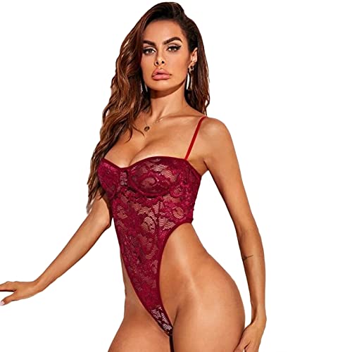 Damen Spitze Neckholder Teddy Bodysuit Ein Stück Halter Snap Kreuz Dessous Mesh Sheer Backless Babydoll Clubwear, rot red, L