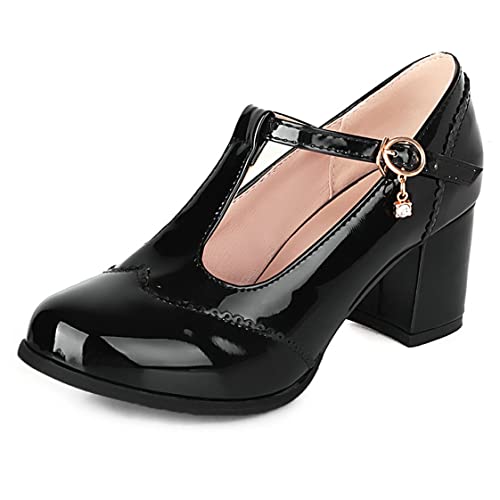 UniqueStride Womens Classic T-Strap Chunky Heel Wingtip Mary Janes Buckle Closed Toe Patent Leather Pumps2