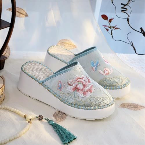 Women's Thick Sole Slide Sandals Cute Embroidery Breathable Canvas Wedge Flats Slippers Comfy Platform Mule Shoes2