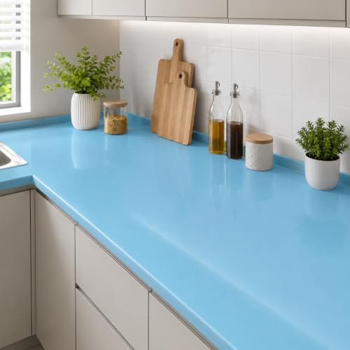Image of Vinyl Contact Paper Decorative for Cabinets Countertops Kitchen Shelves Liner Self Adhesive Film Peel and Stick Waterproof Removable Wallpaper (Inches 24 x 300, Glossy Sky Blue)