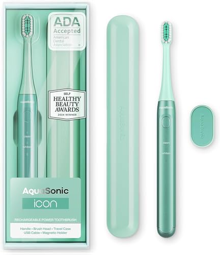 Aquasonic Icon ADA-Accepted Rechargeable Toothbrush | Magnetic Holder & Slim Travel Case | 2 Brushing Modes & Smart Timers | Gentle Micro-Vibrations (Mint)