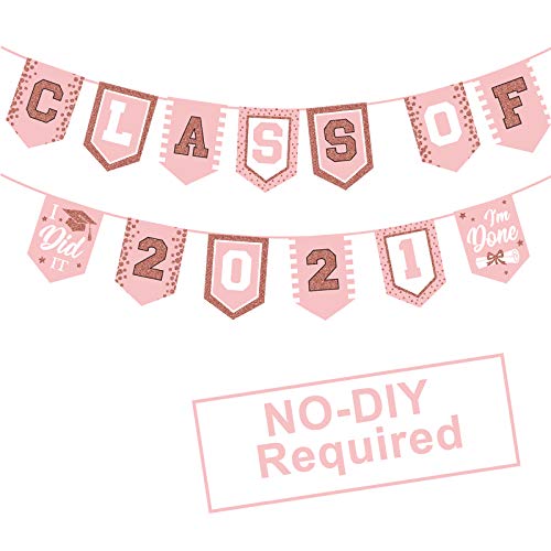 2021 Rose Gold Graduation Banner - No DIY Required Rose Gold Graduation Party Supplies Decorations Grad Banner for College, High School Party (Rose Gold Class of 2021)