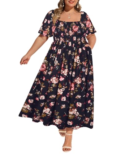 Image of RITERA Plus Size Dresses for Curvy Women Square Neck Short Sleeve Summer Floral Smocked Maxi Dress with Pocket XL-5XL