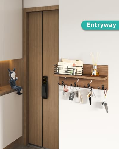 HapiRm Schlüsselhalter mit Notiz Zaun Dekoration, Schlüsselbrett mit Ablage & Schlüsselhaken, Schlüsselbrett Holz geeignet für Eingangsbereich, Haustür, Flur, Schlafzimmer, Büro Braun