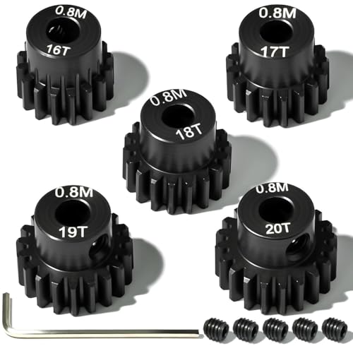 5Pcs 0.8M Hardened Steel Pinion Gear Set 5mm Shaft 16T 17T 18T 19T 20T Motor Pinion Gear with M4 Screw and Hex Key, for Arrma HPI Kyosho Losi Axial Traxxas Tamiya 1/10 RC Car and 540/550 Motors